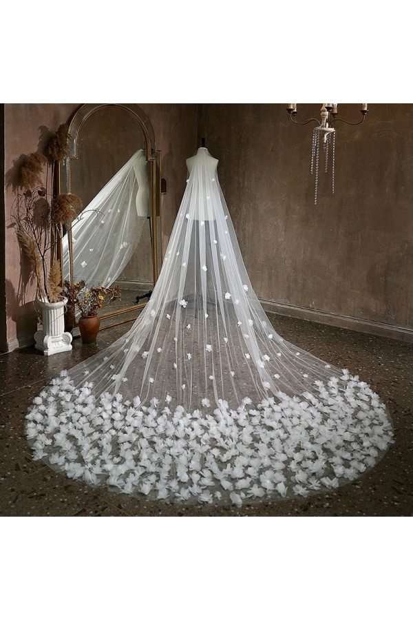 Floral Cut Edge Single Tier Tulle Bridal Cathedral Length Wedding Veils