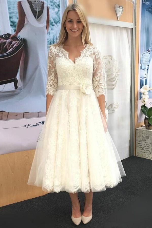 A-line V Neck 3/4 Sleeve Tulle Lace Tea-Length Wedding Dress With Waistband Flower