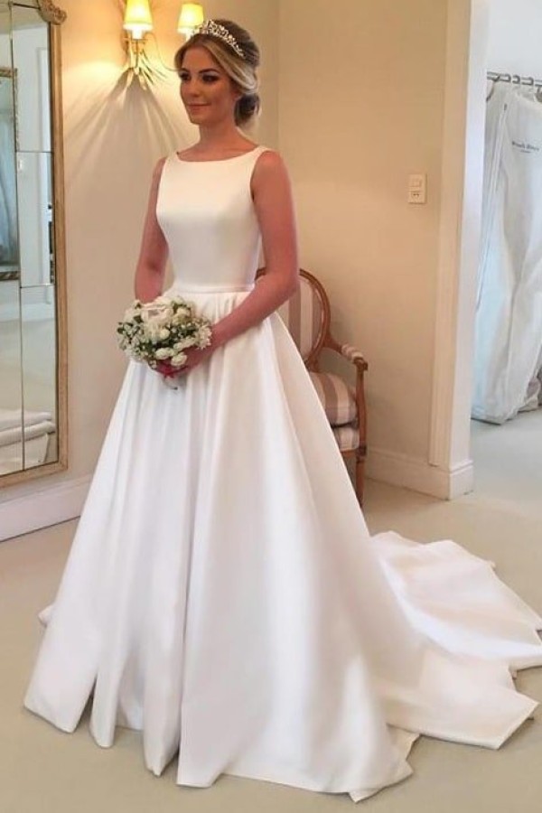 A-line/Princess Bateau Sleeveless Court Train Satin Wedding Dress With Waistband Bowknot