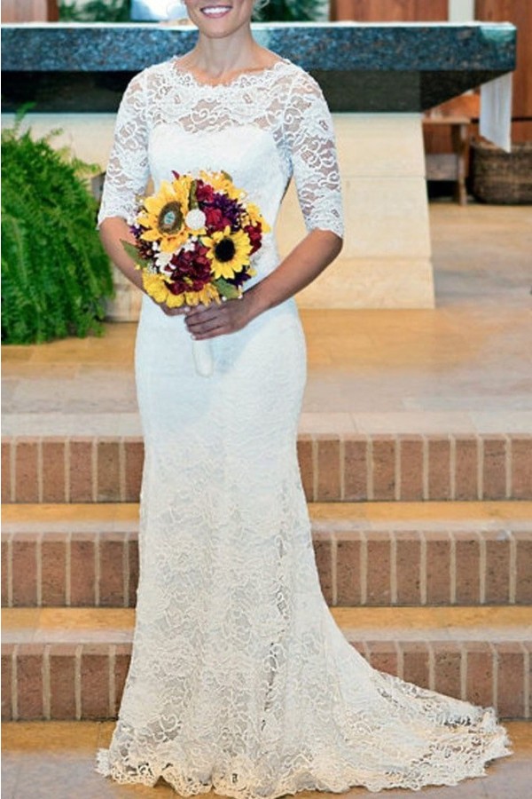 Lace Wedding Dress Sheath/Column Bateau Sweep Train With Pleated