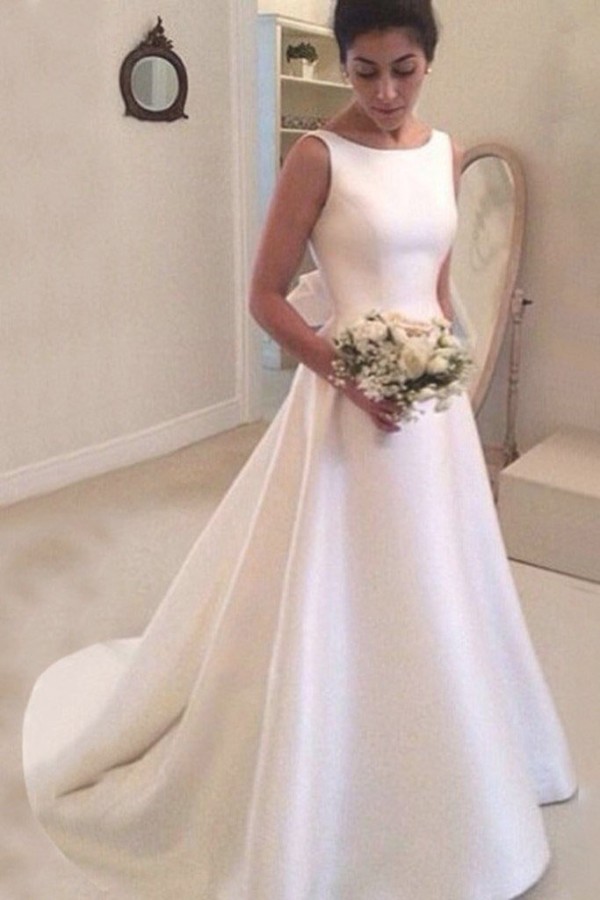 Satin Court Train A-Line/Princess Sleeveless Bateau Zipper Wedding Dress With Bowknot