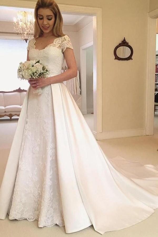 Lace Satin Wedding Dress A-line/Princess V Neck Short Sleeve Detachable/Knock-down With Bowknot