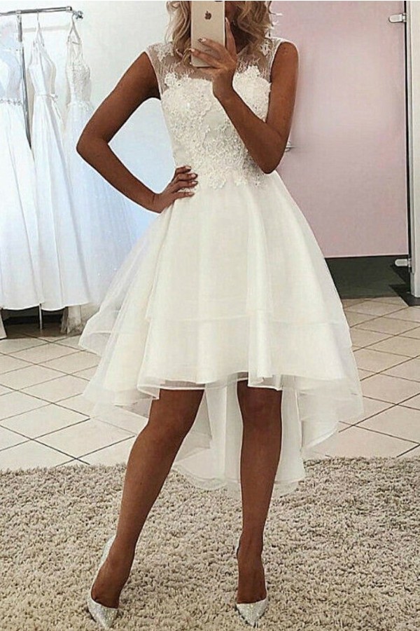 A-line Sleeveless Asymmetrical Tulle Wedding Dress With Lace