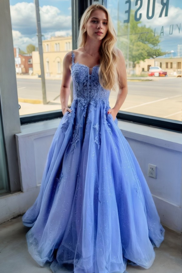 A-Line/Princess Tulle Halter Sleeveless Long Prom Dress Lavender Pocket Prom Gown
