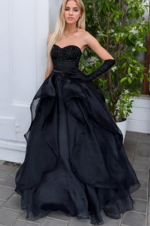 A-Line/Princess Sweetheart Tulle Sleeveless Long Prom Dress Black Prom Gown