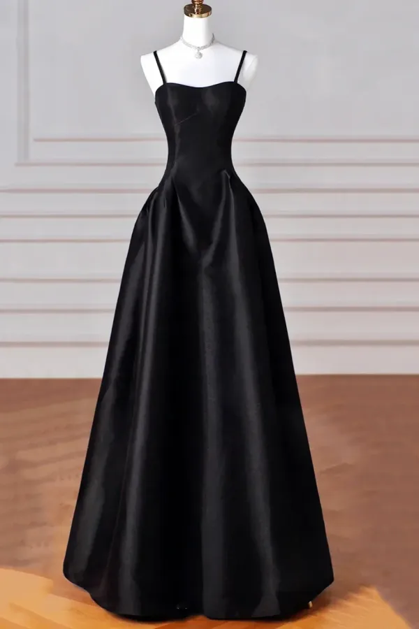 2025 Black Satin Halter Long Formal A-line Simple Prom Dress with Pocket Prom Gown