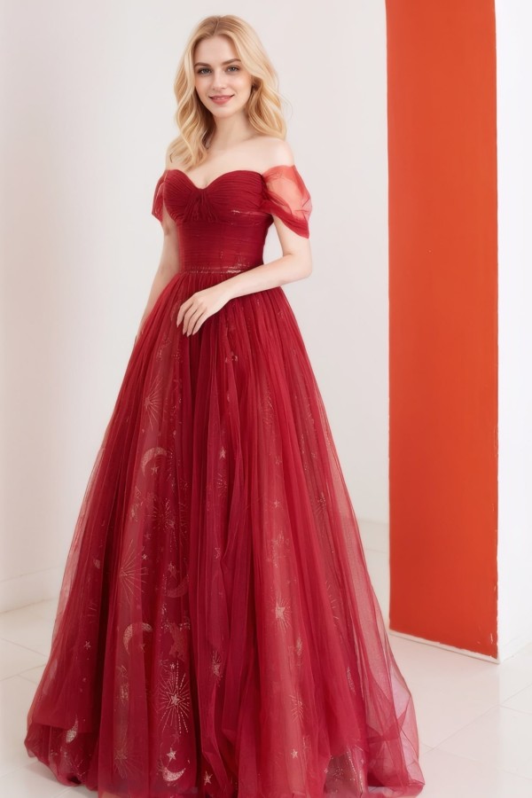 A-Line/Princess Tulle Long Prom Dress,Off the Shoulder Backless Evening Dress